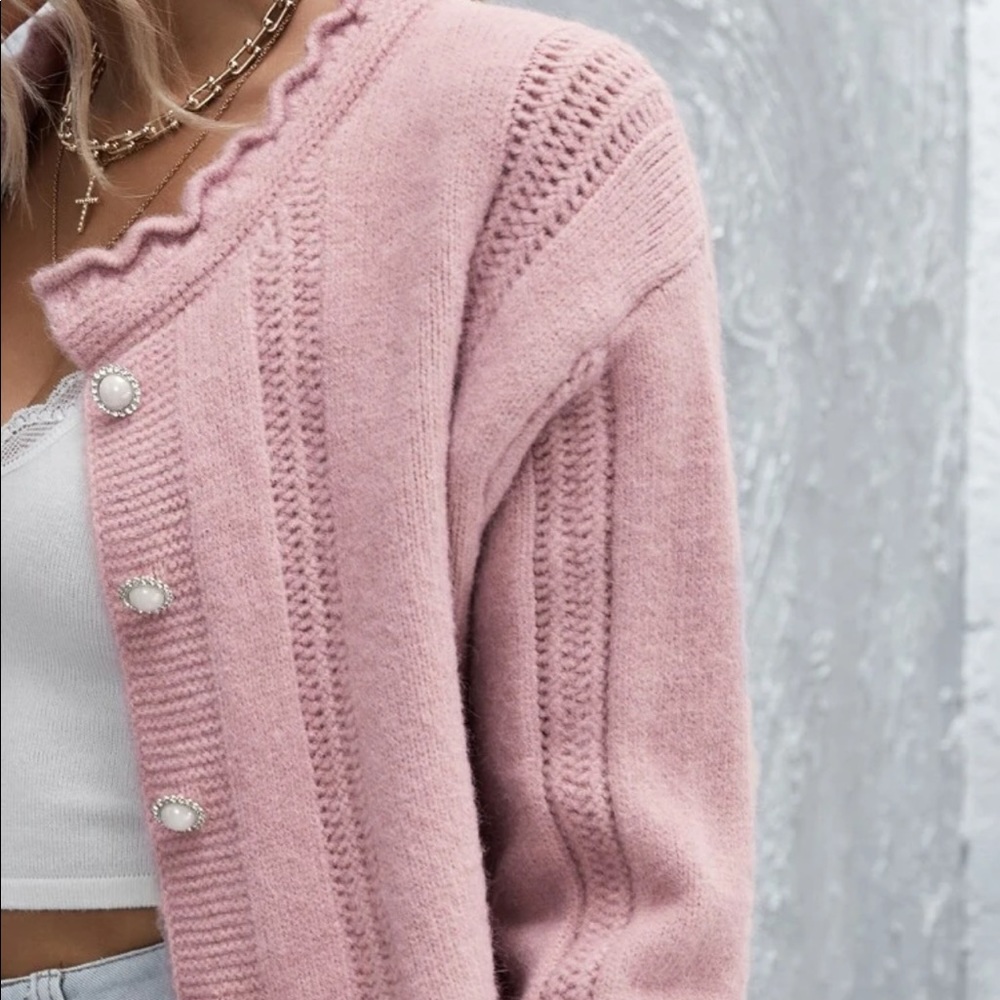 Trendy Granny Cardigan Knit Sweater Pink Pearl - Picture 2 of 5